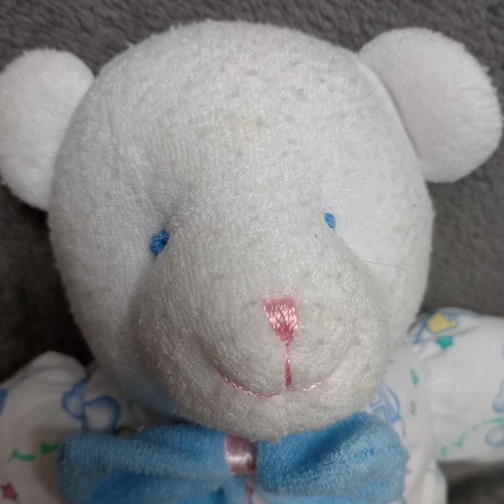 JC PENNEY Terrycloth Bear Blue Bowtie‎ Bunny Slippers Blue Eyes Pink Nose Rattle